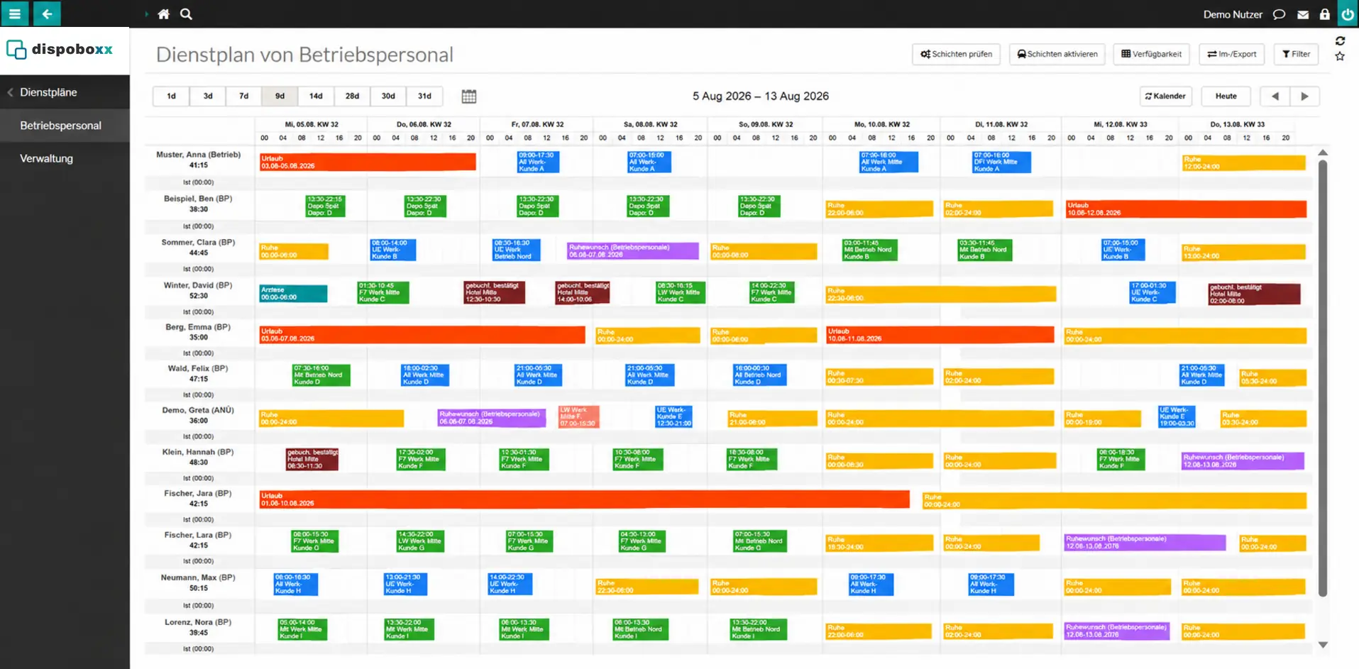 Dienstplan mit Mitarbeitenden, Schichten, Abwesenheiten und Ruhezeiten